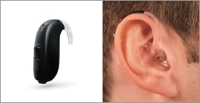 A BTE device close-up by itself and being worn