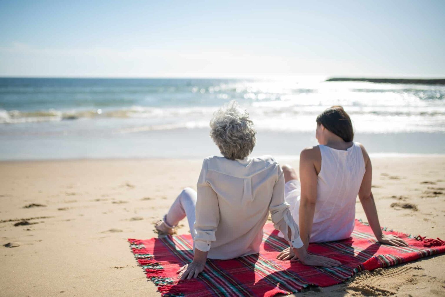 Two women sitting together on the beach.